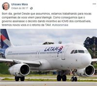 Prefeito de Maringá (PR) confirma retorno da Latam